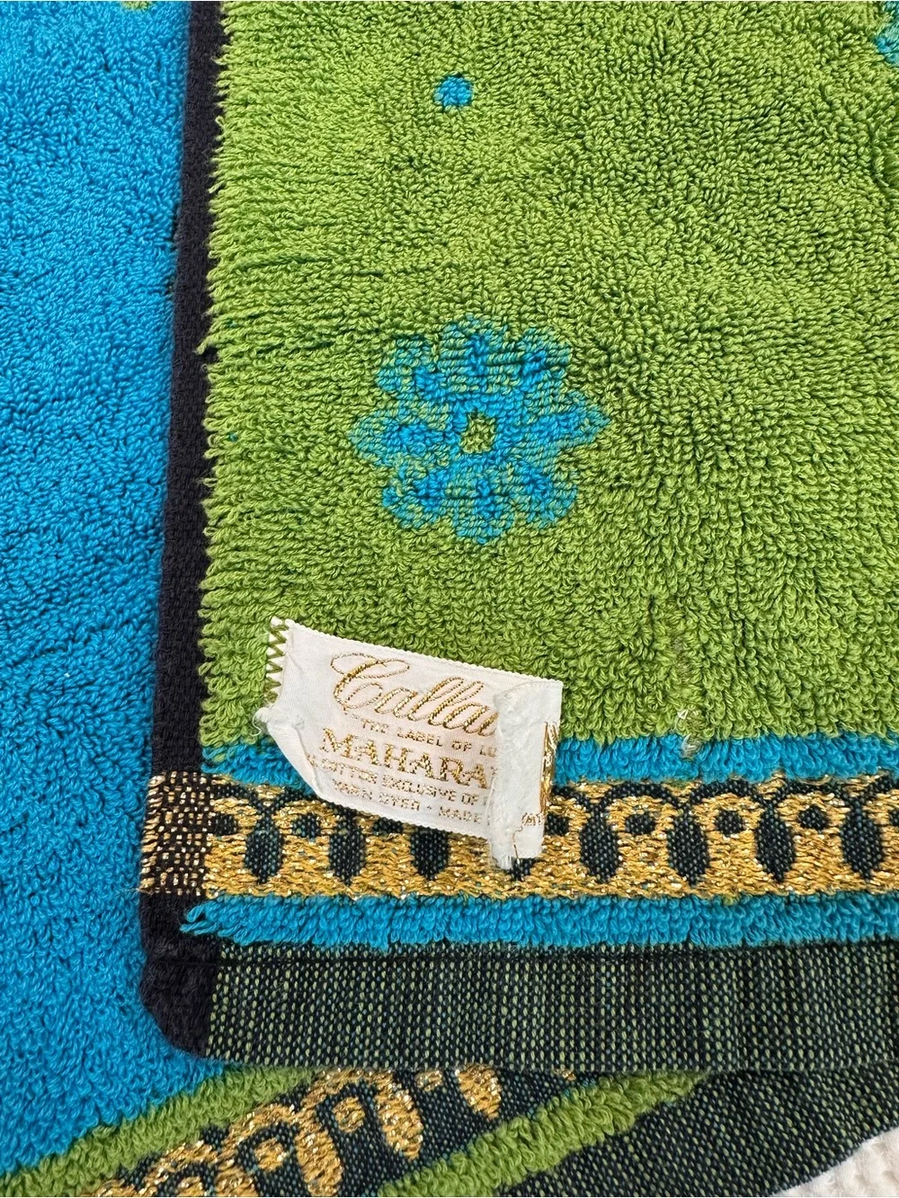 Vintage Callaway 3 pc bath towel hand towel set 60’s 70’s MCM blue green gold